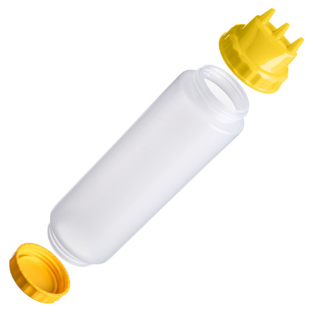 Емкость для соуса 1000 мл. d=75 мм. h=290 мм. c 2 крышками 3 носика, широкая прозрачная, крышки желтые GP /1/96/